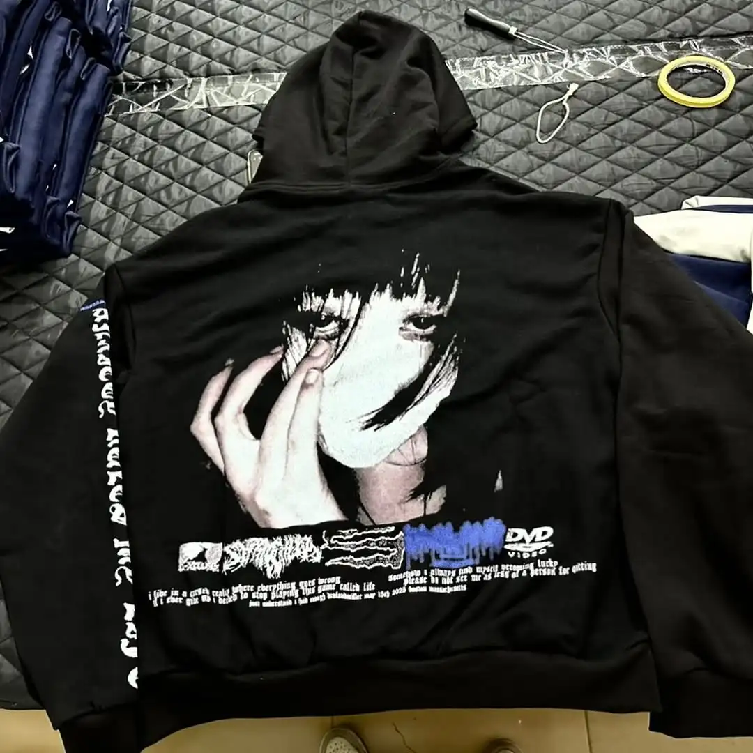 Mens Black Hooded Graphic Hoodie Horror Character Print Thriller Style Streetwear Unique Creative Design Express Individuality