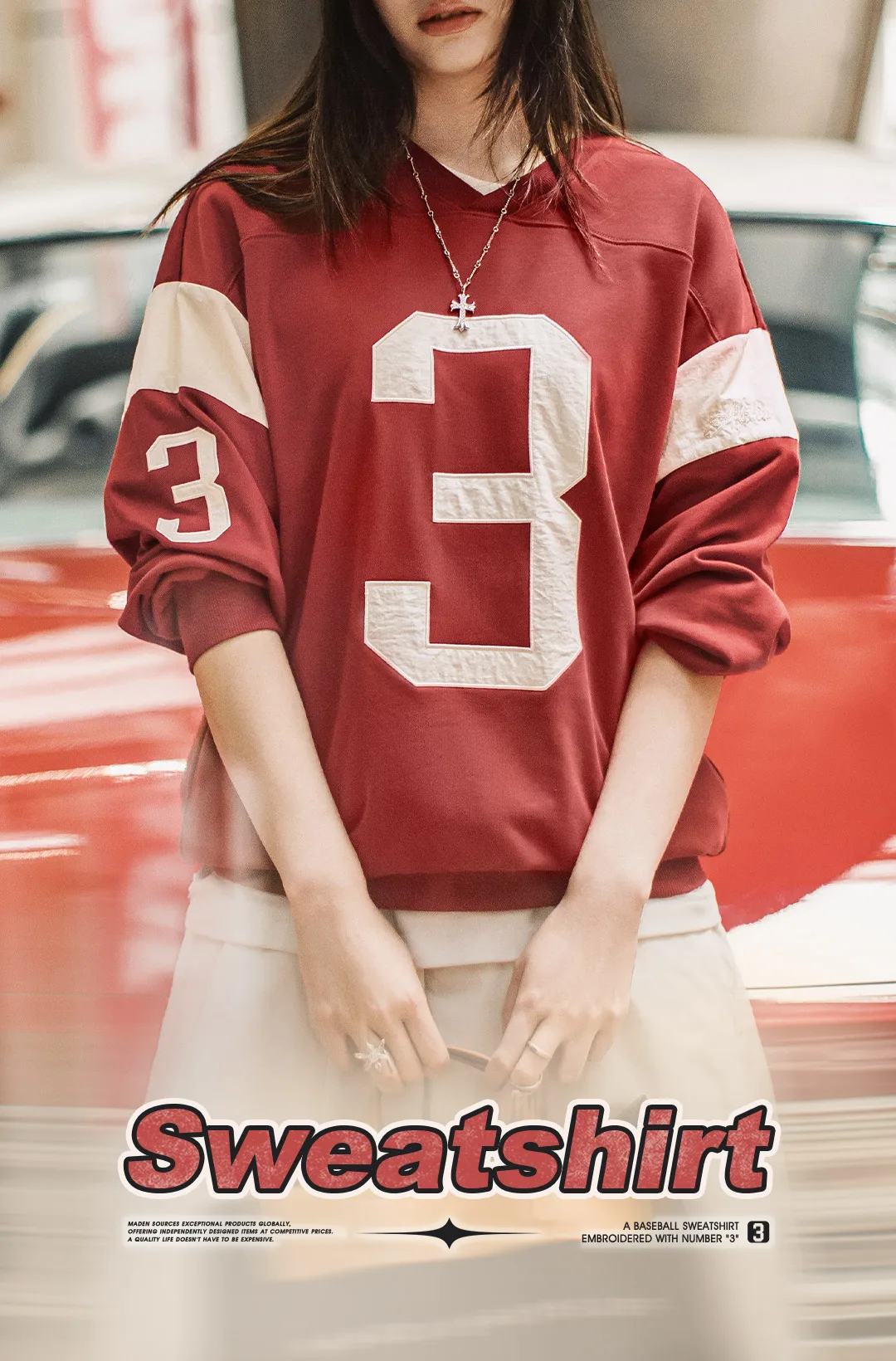 Maden Women’s Vintage Baseball V-Neck Sweatshirt Long Sleeve Pullover Color-Block Patchwork Loose Fit Cotton Blend Autumn Top