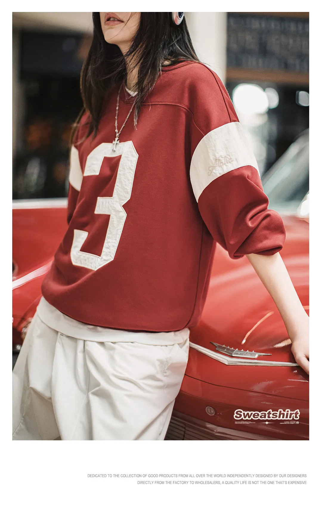 Maden Women’s Vintage Baseball V-Neck Sweatshirt Long Sleeve Pullover Color-Block Patchwork Loose Fit Cotton Blend Autumn Top