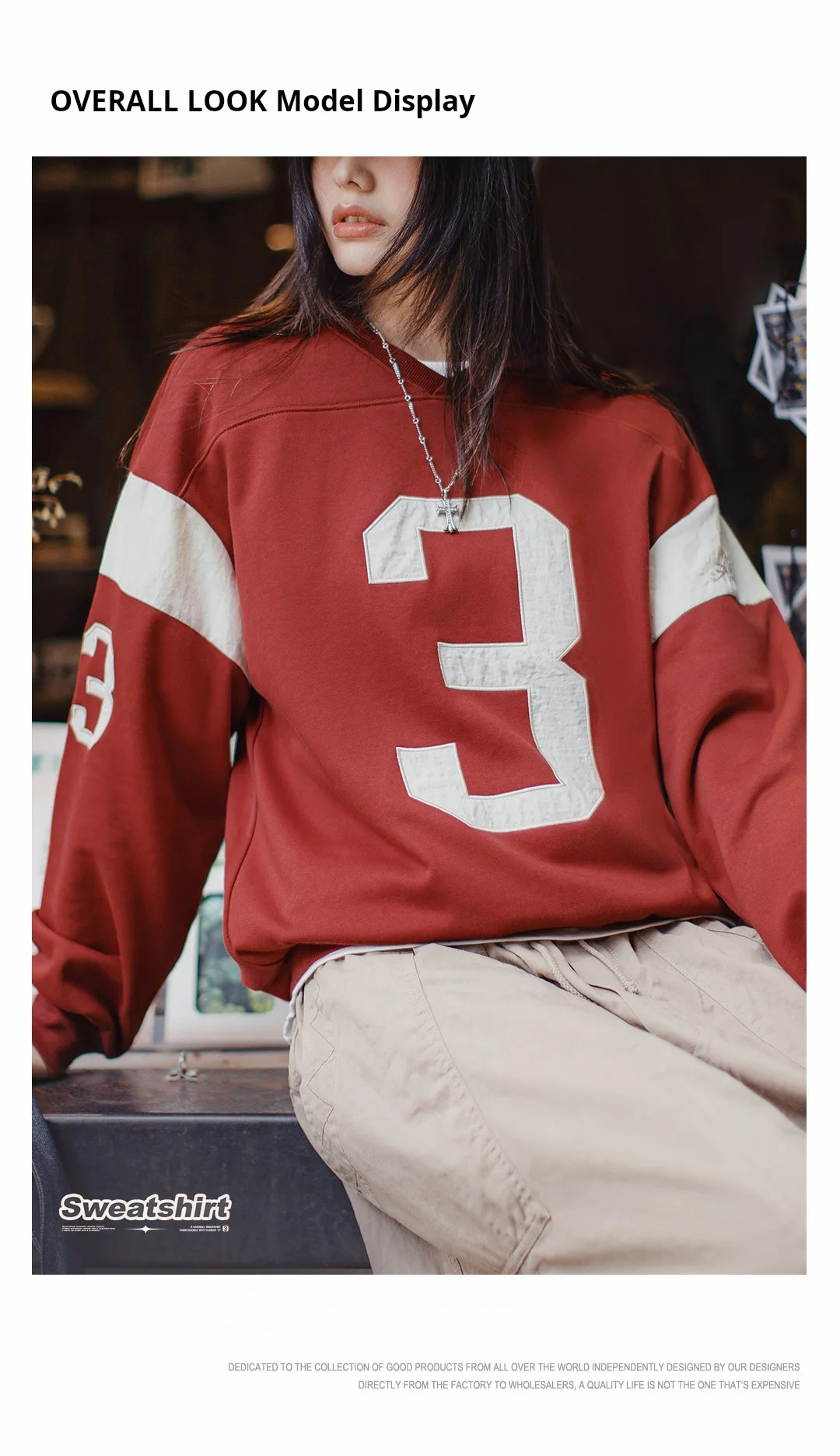 Maden Women’s Vintage Baseball V-Neck Sweatshirt Long Sleeve Pullover Color-Block Patchwork Loose Fit Cotton Blend Autumn Top