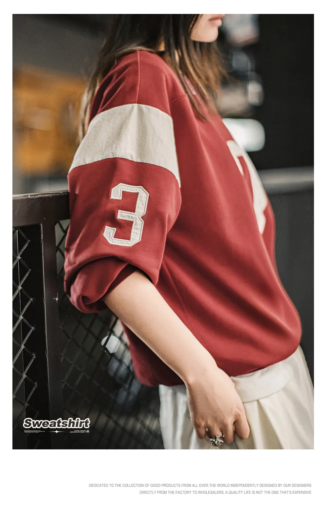 Maden Women’s Vintage Baseball V-Neck Sweatshirt Long Sleeve Pullover Color-Block Patchwork Loose Fit Cotton Blend Autumn Top
