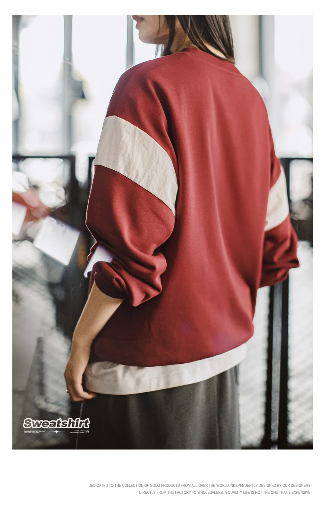 Maden Women’s Vintage Baseball V-Neck Sweatshirt Long Sleeve Pullover Color-Block Patchwork Loose Fit Cotton Blend Autumn Top