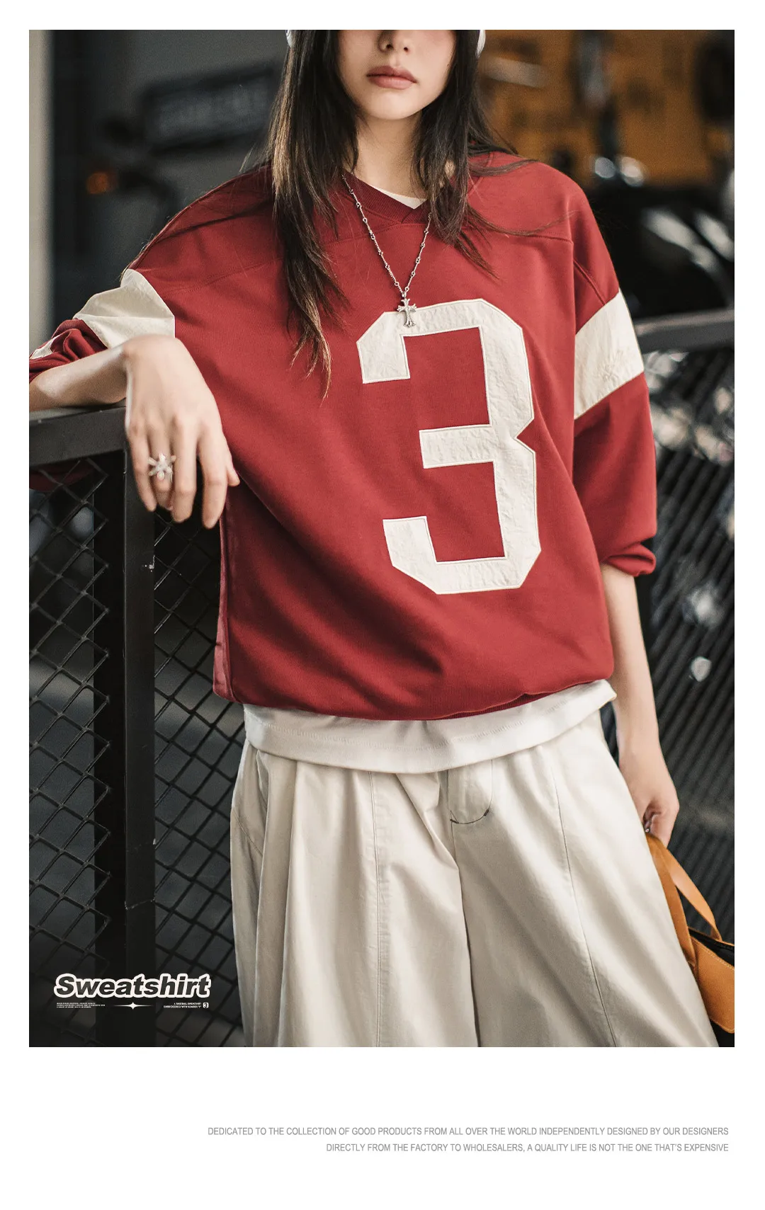 Maden Women’s Vintage Baseball V-Neck Sweatshirt Long Sleeve Pullover Color-Block Patchwork Loose Fit Cotton Blend Autumn Top