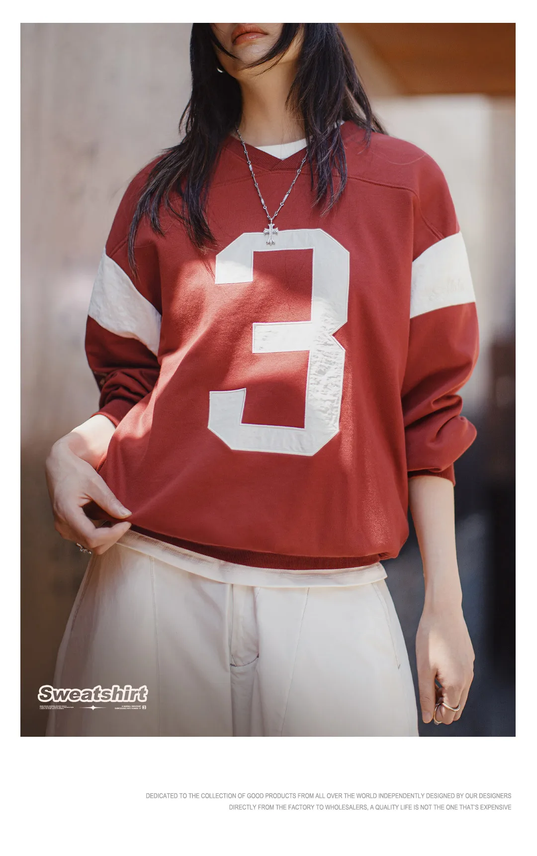 Maden Women’s Vintage Baseball V-Neck Sweatshirt Long Sleeve Pullover Color-Block Patchwork Loose Fit Cotton Blend Autumn Top