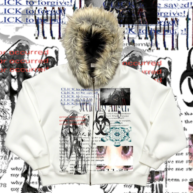 Y2k element horror parody plush thick warm fur collar hooded sweater lazy cardigan plush couple emo autumn and winter coat