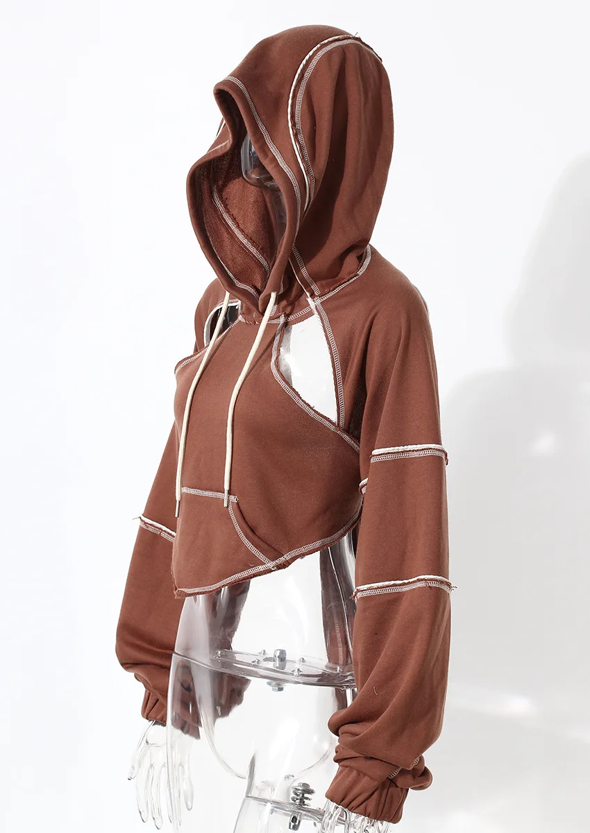 Color Blocking Bright Line Decoration Women High Street Hoodies Y2K Clothes Harajuku Hollow Out Back Lace-up Long Sleeve Tops