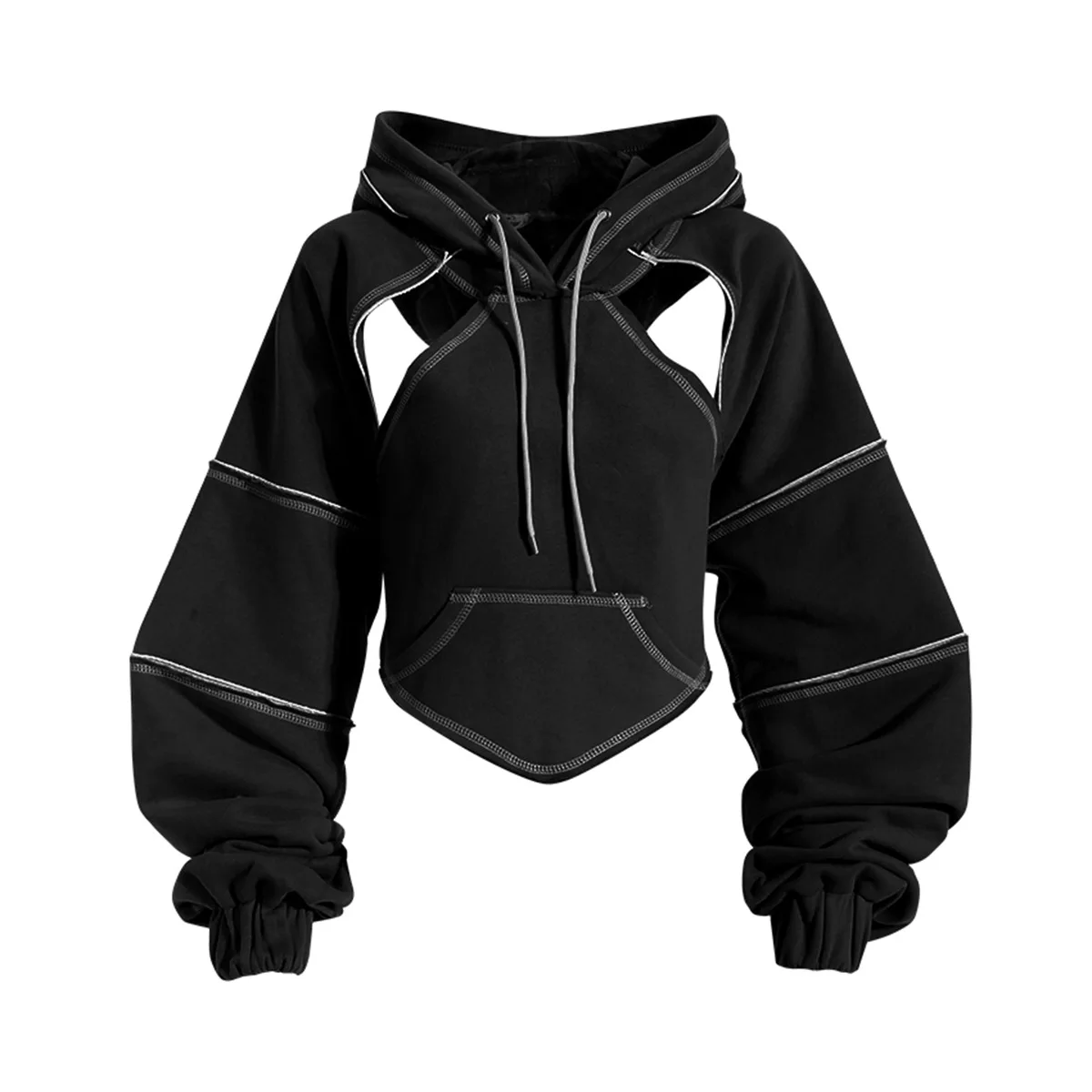 Color Blocking Bright Line Decoration Women High Street Hoodies Y2K Clothes Harajuku Hollow Out Back Lace-up Long Sleeve Tops