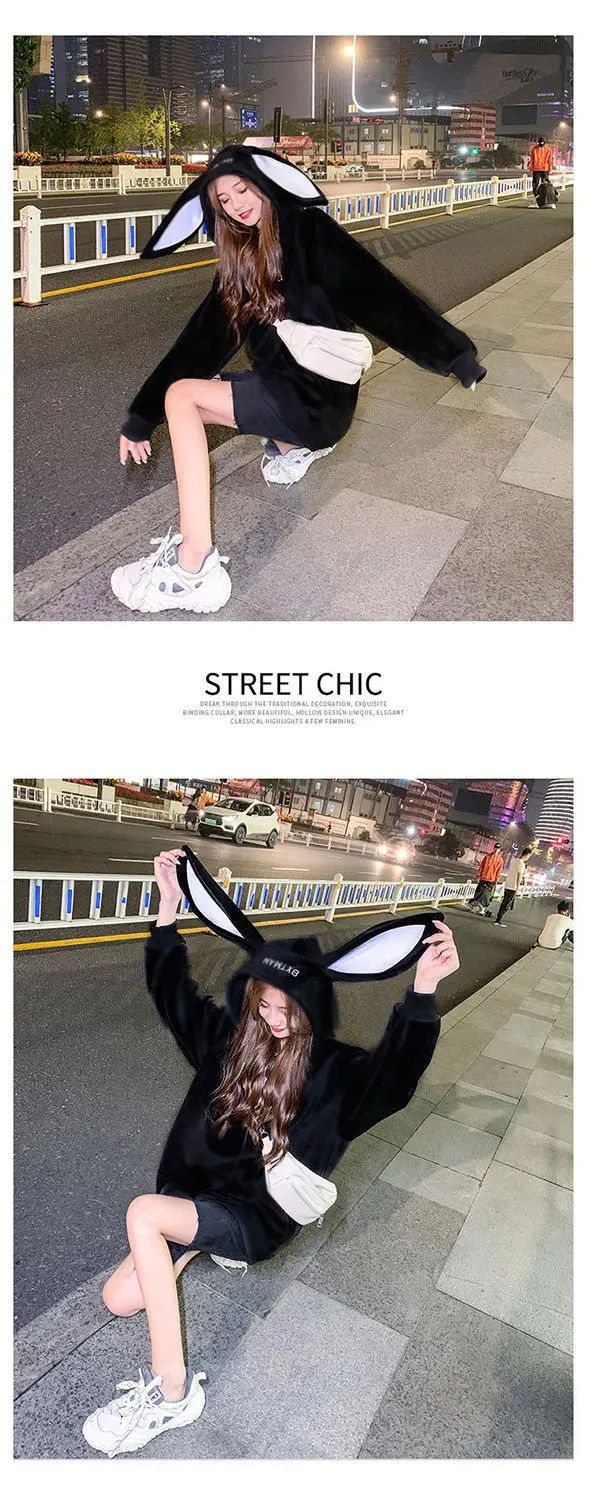 Women Hoodies With Rabbit Ear Autumn Winter Fleece Thicken Warm Ladies Harajuku Sweatshirts Female Hooded Pullovers Casual Tops