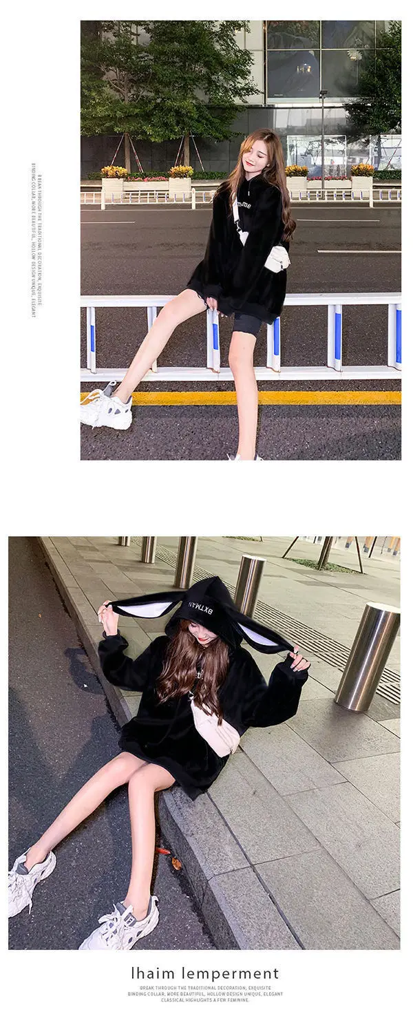 Women Hoodies With Rabbit Ear Autumn Winter Fleece Thicken Warm Ladies Harajuku Sweatshirts Female Hooded Pullovers Casual Tops