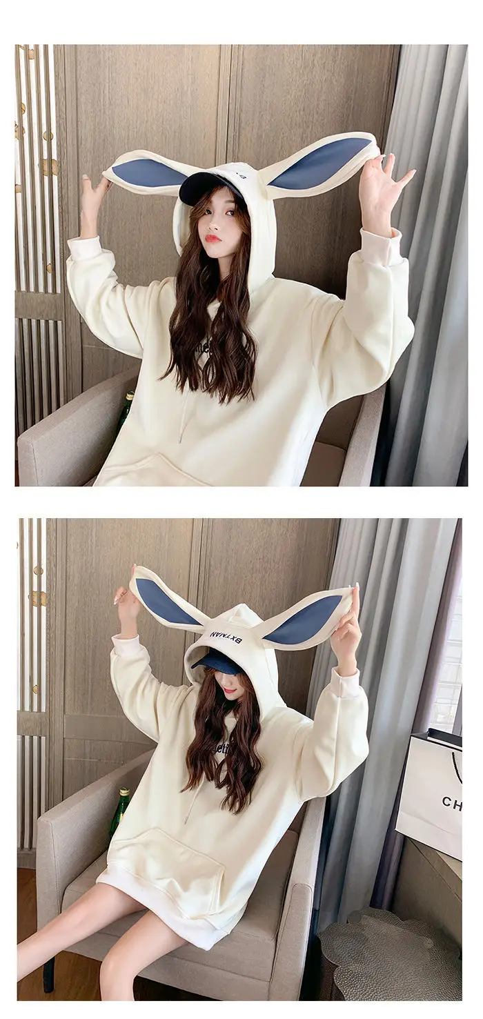 Women Hoodies With Rabbit Ear Autumn Winter Fleece Thicken Warm Ladies Harajuku Sweatshirts Female Hooded Pullovers Casual Tops