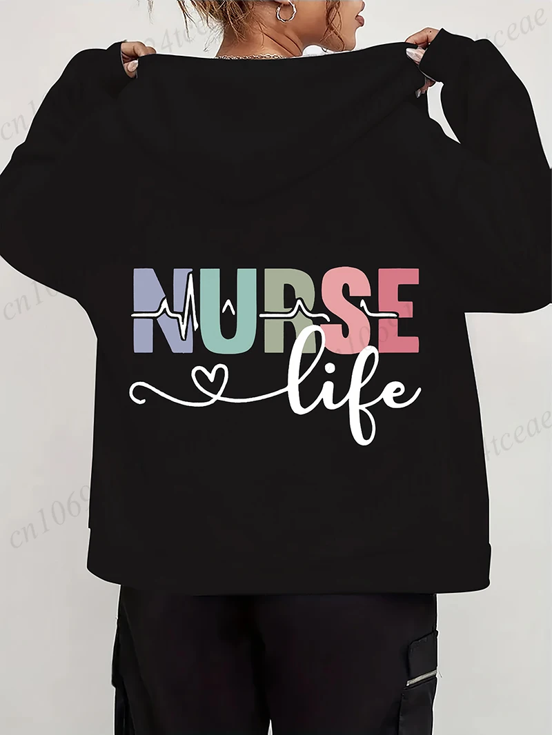 Women's Autumn Winter Hoodies Stethoscope EKG printed zipper Hooded Jackets Nursing Zipper Pocket Sweatshirt Nurse Life Outwear