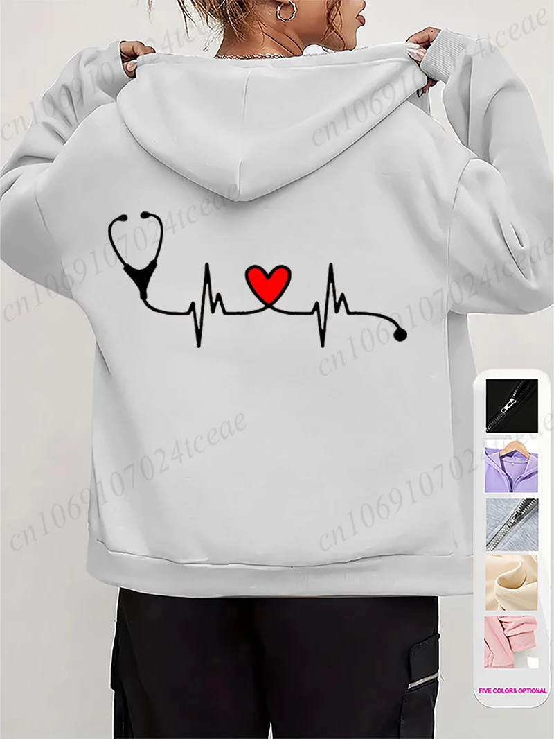 Women's Autumn Winter Hoodies Stethoscope EKG printed zipper Hooded Jackets Nursing Zipper Pocket Sweatshirt Nurse Life Outwear