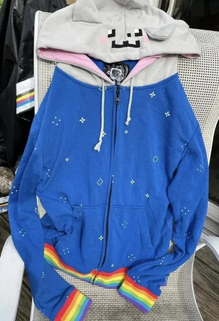 Y2K Streetwear Vintage Blue Rainbow Cat Ear Zip Up Hoodie Oversized Cotton Urban Hip Hop Fashion Casual Unisex