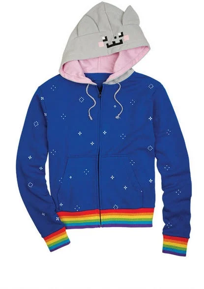 Y2K Streetwear Vintage Blue Rainbow Cat Ear Zip Up Hoodie Oversized Cotton Urban Hip Hop Fashion Casual Unisex