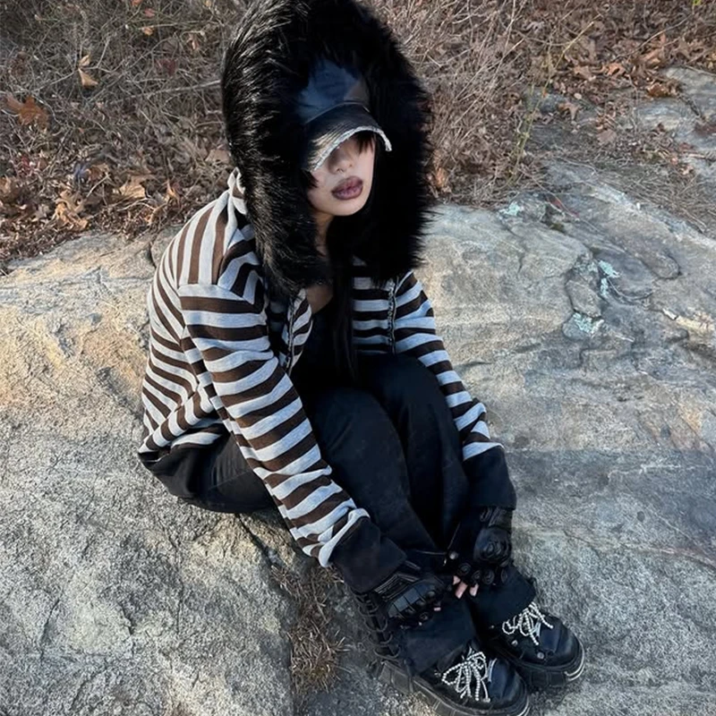Goth Aesthetic Women Hoodie Harajuku Retro Y2K Emo Girl Fur Collar Cardigan Sweatshirt Rock Punk Hip Hop Casual Loose Streetwear