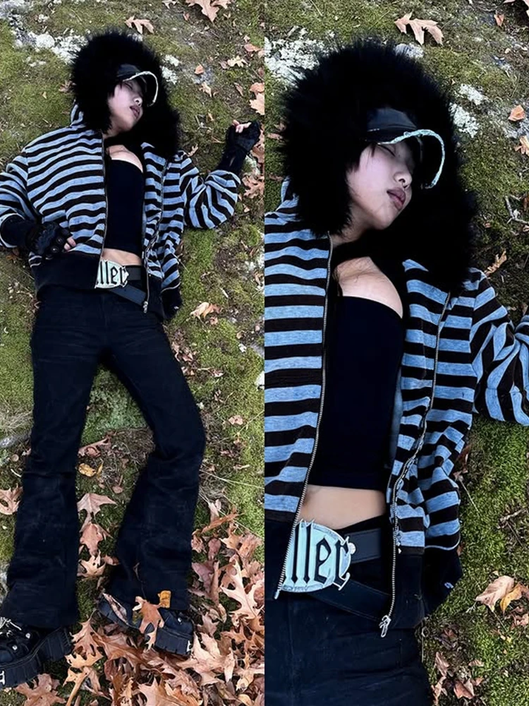 Goth Aesthetic Women Hoodie Harajuku Retro Y2K Emo Girl Fur Collar Cardigan Sweatshirt Rock Punk Hip Hop Casual Loose Streetwear