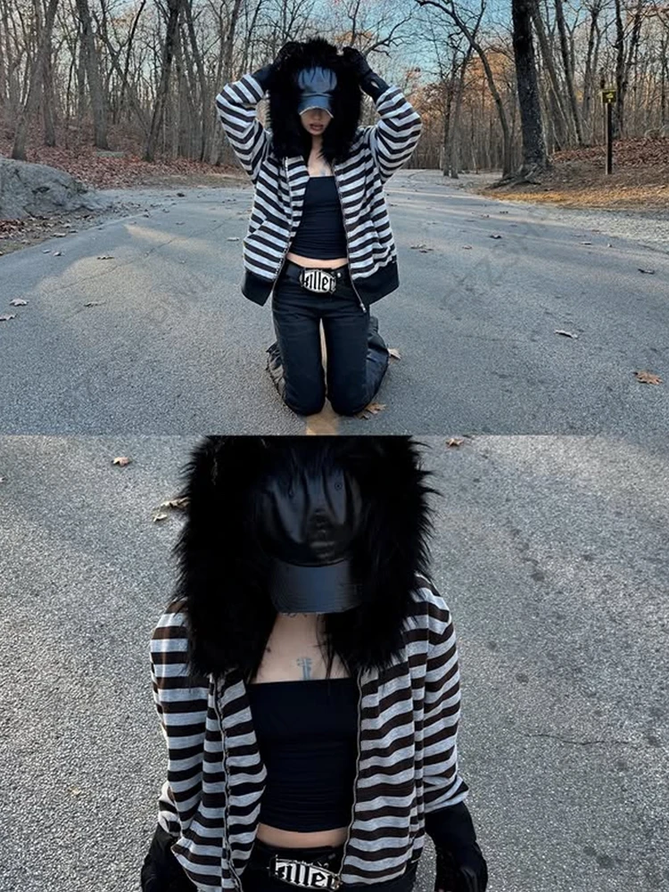 Goth Aesthetic Women Hoodie Harajuku Retro Y2K Emo Girl Fur Collar Cardigan Sweatshirt Rock Punk Hip Hop Casual Loose Streetwear
