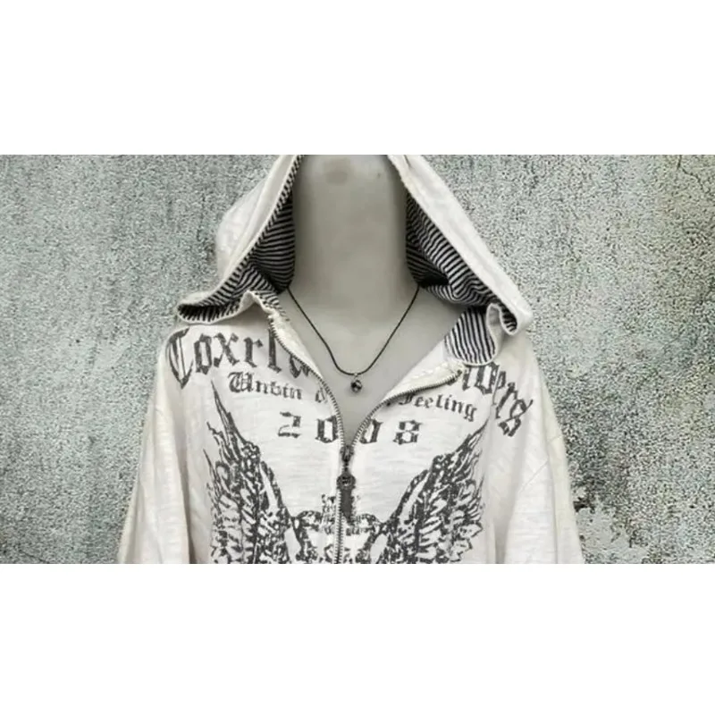 Gohic Vintage Sweatshirts Women's Jackets White Print Tunic Hooded Y2k Coat Streetwear Fashion Casual Hoodies Tops Ropa Mujer