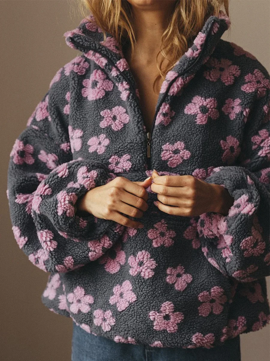 Women's 2026 New Fashion Polar Fleece Flower Blossoms Sweater Cotton Sweater Loose Warm Fur Stand Up Collar Zipper Top