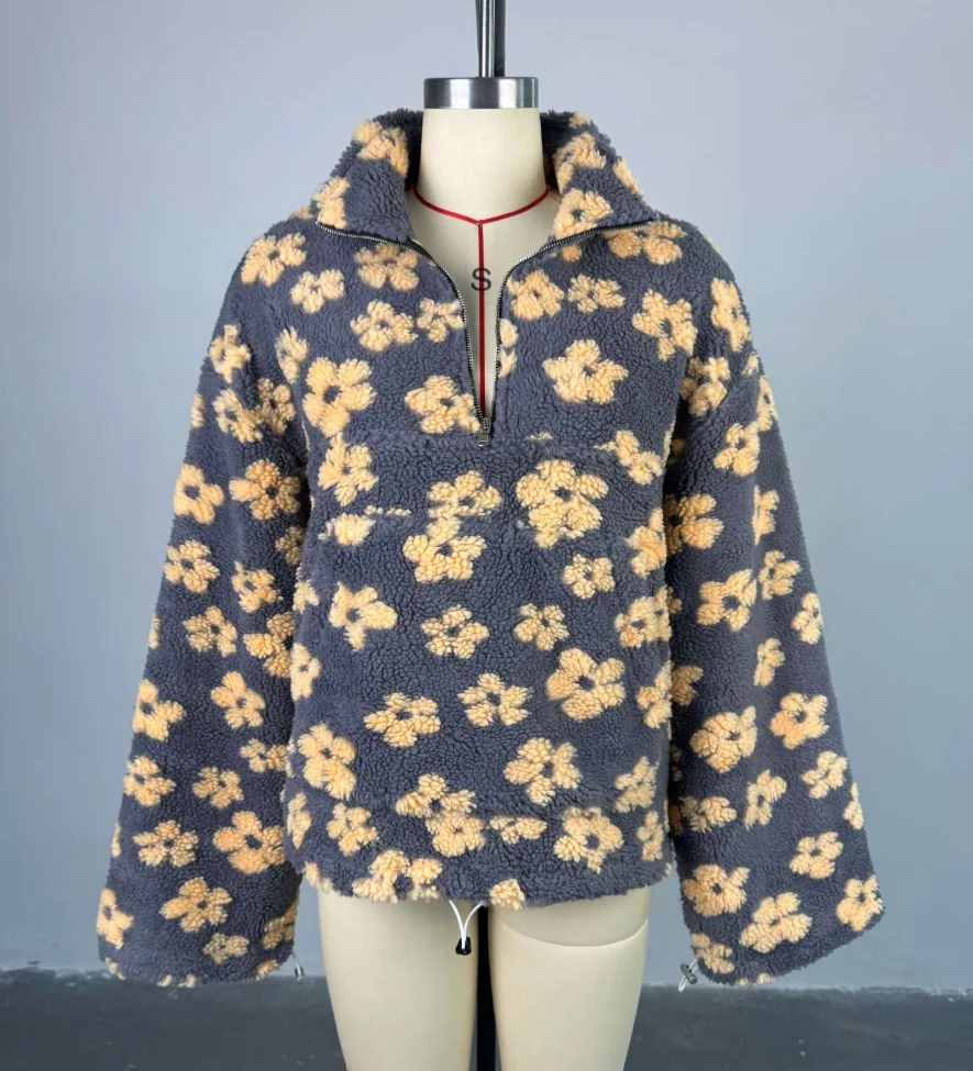 Women's 2026 New Fashion Polar Fleece Flower Blossoms Sweater Cotton Sweater Loose Warm Fur Stand Up Collar Zipper Top