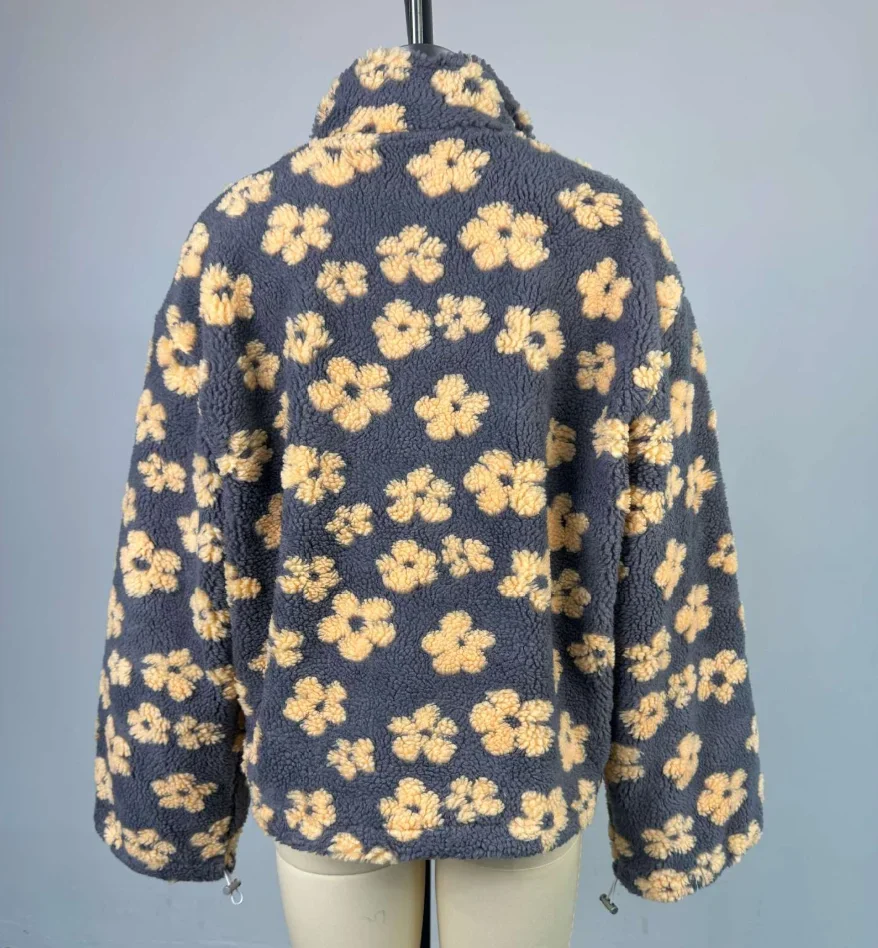 Women's 2026 New Fashion Polar Fleece Flower Blossoms Sweater Cotton Sweater Loose Warm Fur Stand Up Collar Zipper Top