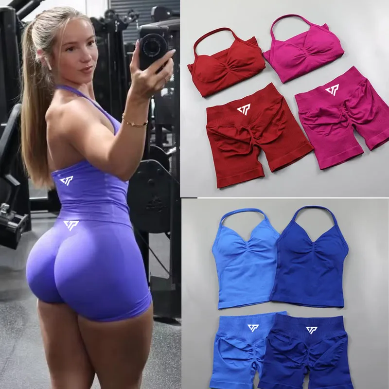 Keep That Pump 2 Piece Sets Shorts Top Women's Outfits Yoga Sets Gym Sets High Quality Seamless Lace-Up Bra Scratch Sports Sets