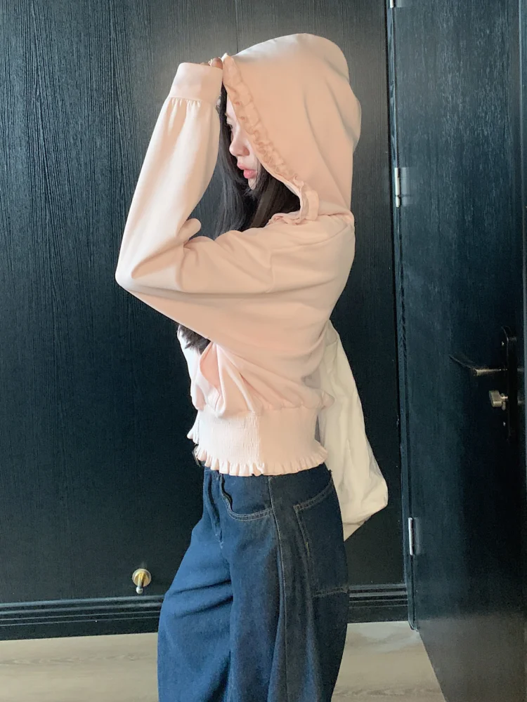 Korean Pink Zipper Hooded Sweatshirt for Women's Cute Outerwear Cardigan with Ruffle Edge Long Sleeved Top Loose Hoodie