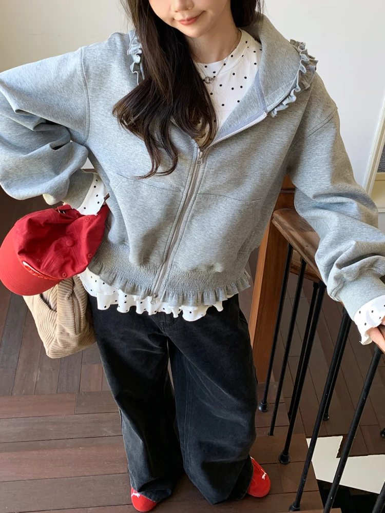 Korean Pink Zipper Hooded Sweatshirt for Women's Cute Outerwear Cardigan with Ruffle Edge Long Sleeved Top Loose Hoodie