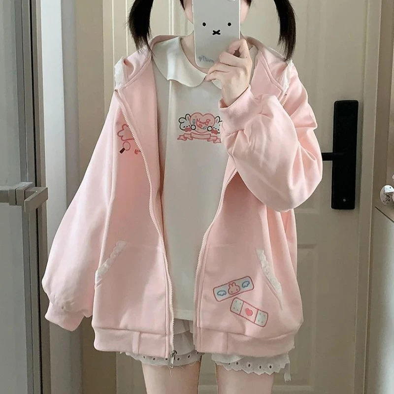 Japanese Cartoon Bunny Print Casual Kawaii Hoodies Y2k Aesthetic Lace Rabbit Ear Women Hoody Harajuku Autumn Zipper Sweatshirts