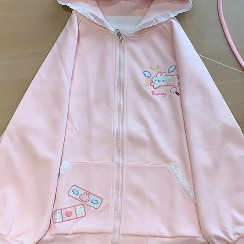Japanese Cartoon Bunny Print Casual Kawaii Hoodies Y2k Aesthetic Lace Rabbit Ear Women Hoody Harajuku Autumn Zipper Sweatshirts