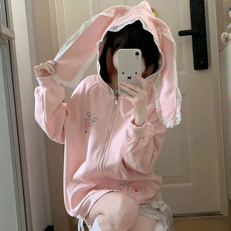 Japanese Cartoon Bunny Print Casual Kawaii Hoodies Y2k Aesthetic Lace Rabbit Ear Women Hoody Harajuku Autumn Zipper Sweatshirts