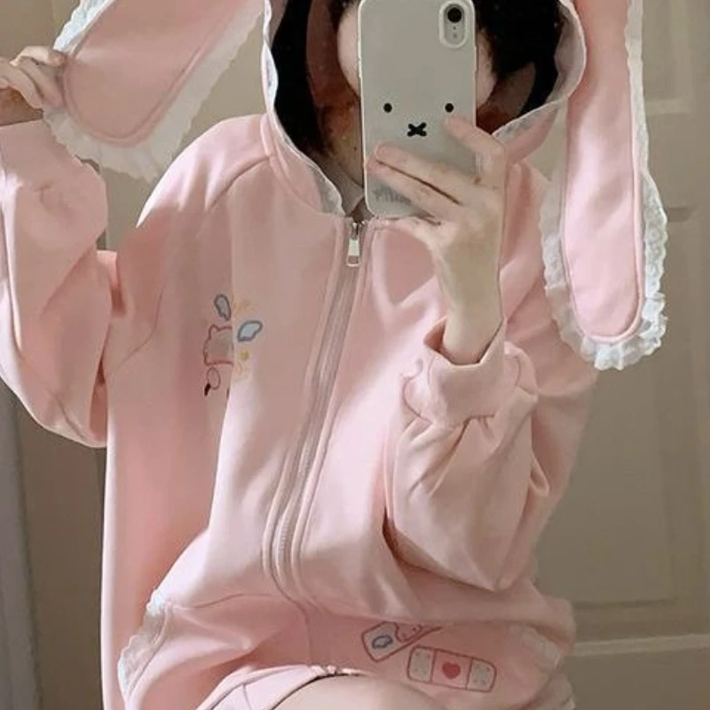 Japanese Cartoon Bunny Print Casual Kawaii Hoodies Y2k Aesthetic Lace Rabbit Ear Women Hoody Harajuku Autumn Zipper Sweatshirts