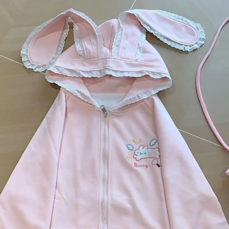 Japanese Cartoon Bunny Print Casual Kawaii Hoodies Y2k Aesthetic Lace Rabbit Ear Women Hoody Harajuku Autumn Zipper Sweatshirts
