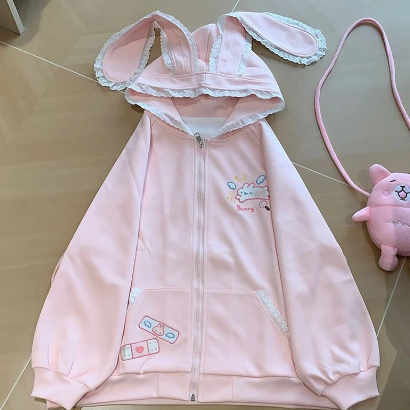Japanese Cartoon Bunny Print Casual Kawaii Hoodies Y2k Aesthetic Lace Rabbit Ear Women Hoody Harajuku Autumn Zipper Sweatshirts