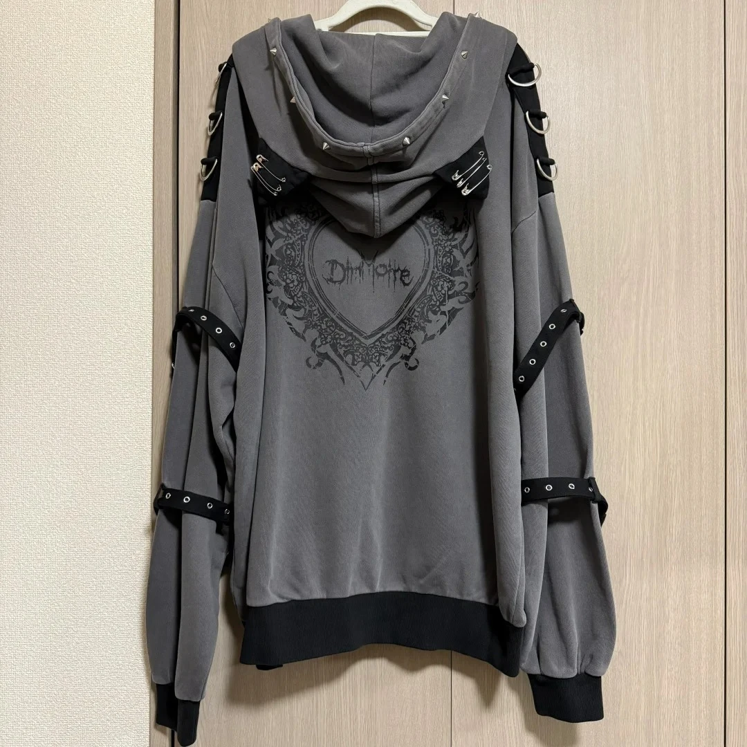Streetwear Harajuku Hoodies Jackets Women's Clothing Hooded Punk Zipper Coat Japanese Rivet Print Vintage Casual Y2k Sweatshirts