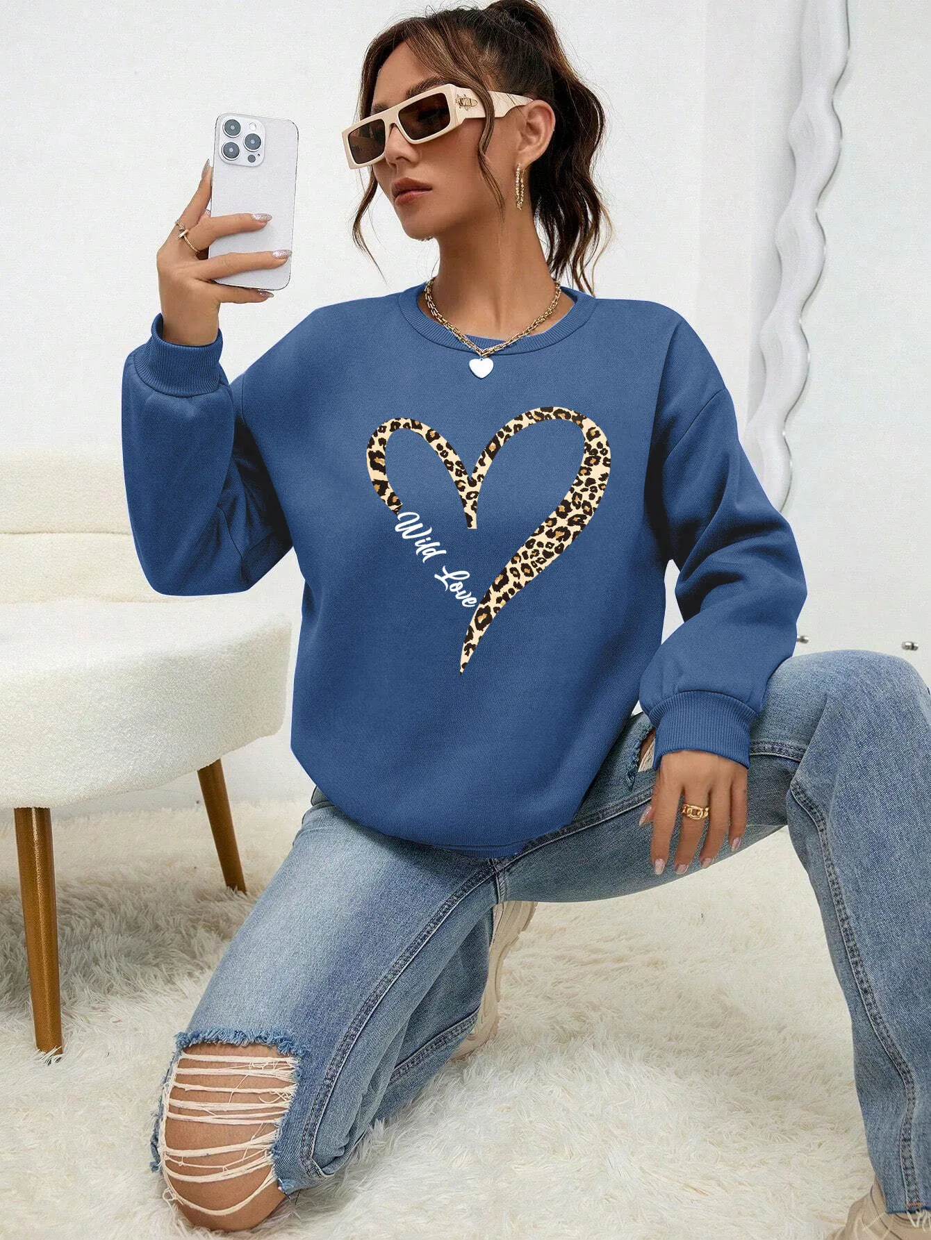 Leopard Wild Heart Pattern Print Female Sweatshirt Street Fur-Liner Pullovers Hipster Clothing All-Match Crewneck Tracksuit