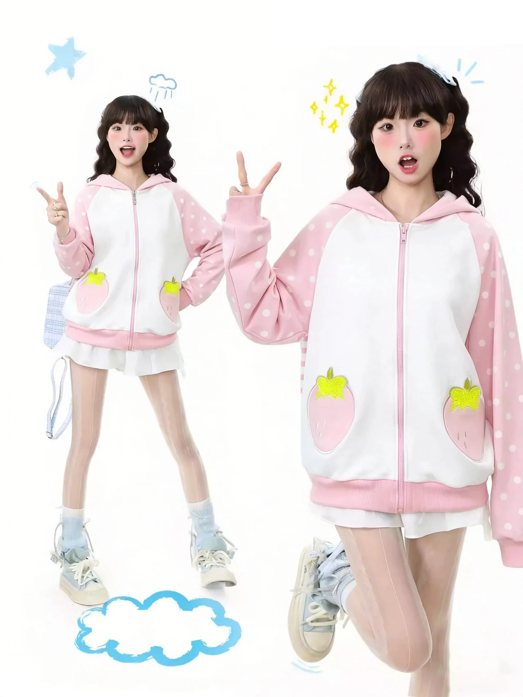 Japanese Kawaii Sweatshirt Long Seleeve Casual Women Subculture Hoodies Dots Print Coat Cute Sweet Style Chic Women Clothing