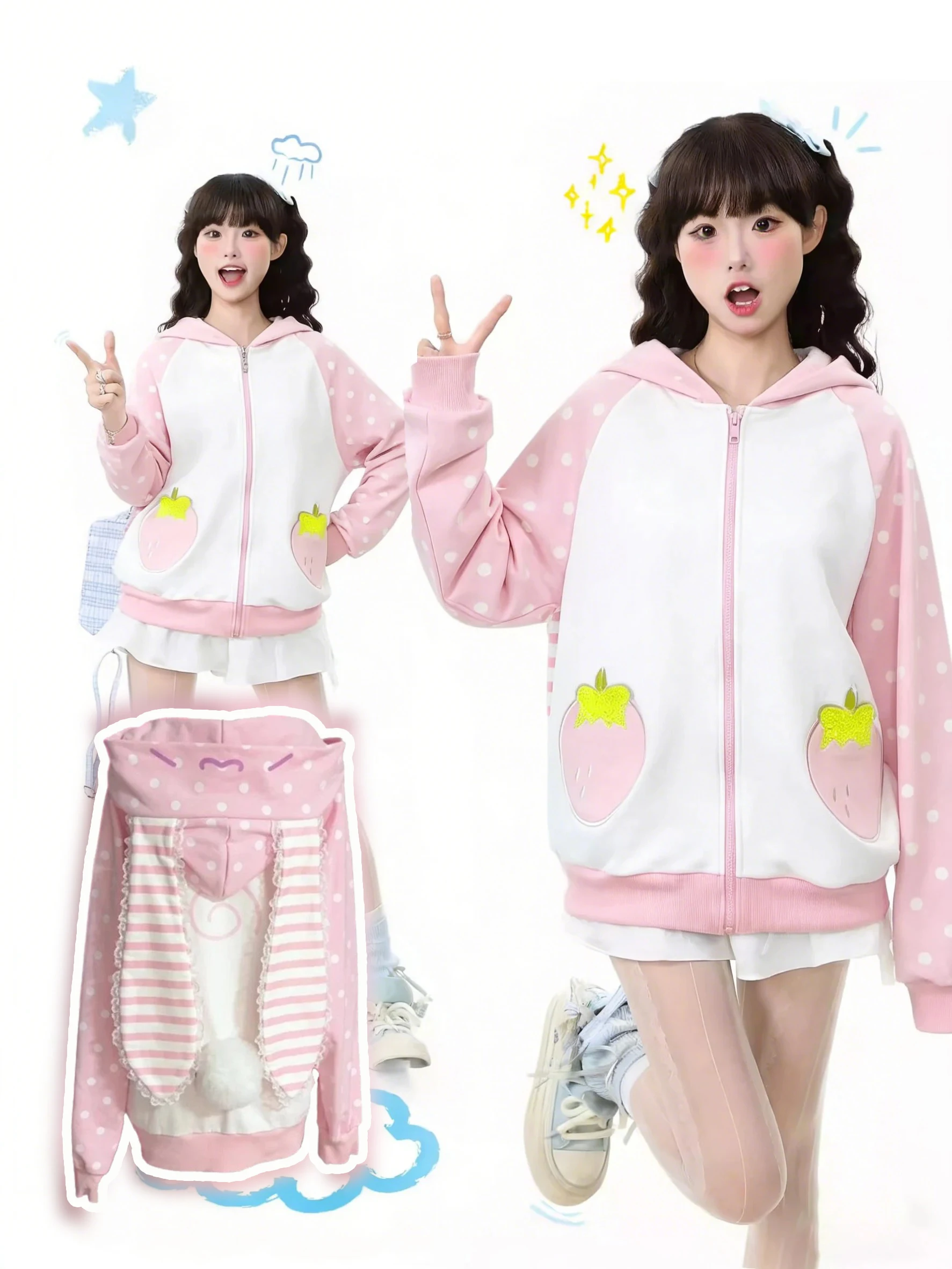 Japanese Kawaii Sweatshirt Long Seleeve Casual Women Subculture Hoodies Dots Print Coat Cute Sweet Style Chic Women Clothing