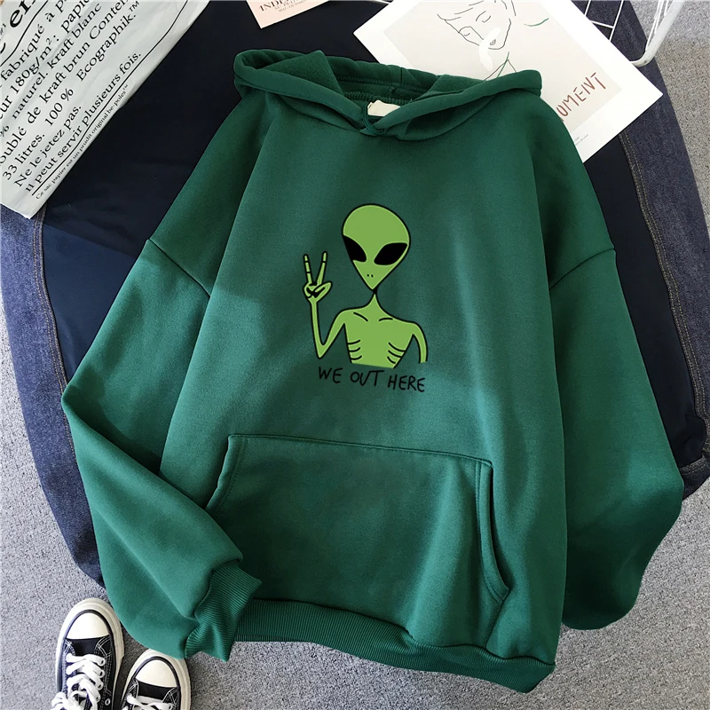 New Green Alien Sweatshirts Girls Winter Fashion Funny Tops Moletom Cute Cartoon Streetwear Women Hoodie Pullover Loose