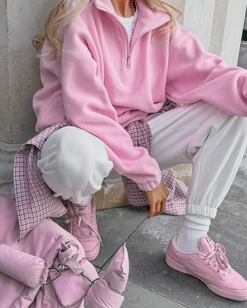 Casual Pink Fleece Sweatshirt Women Zipper Lapel Long Sleeve Loose Pullover Hoodie Autumn Winter Solid Warm Daily Commute Tops