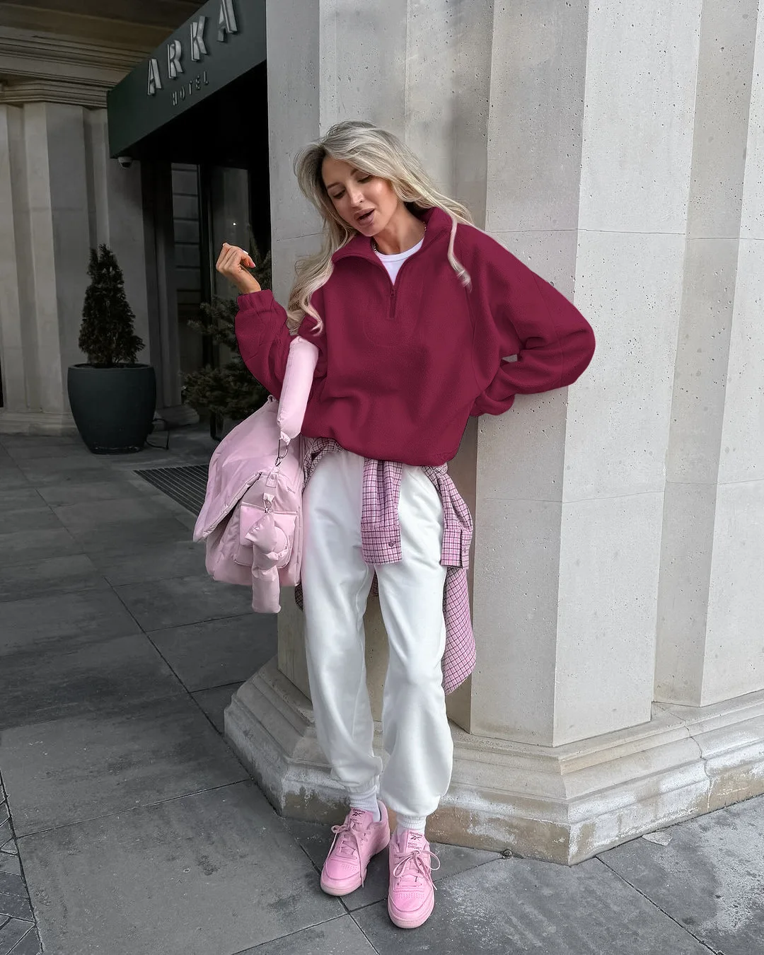 Casual Pink Fleece Sweatshirt Women Zipper Lapel Long Sleeve Loose Pullover Hoodie Autumn Winter Solid Warm Daily Commute Tops