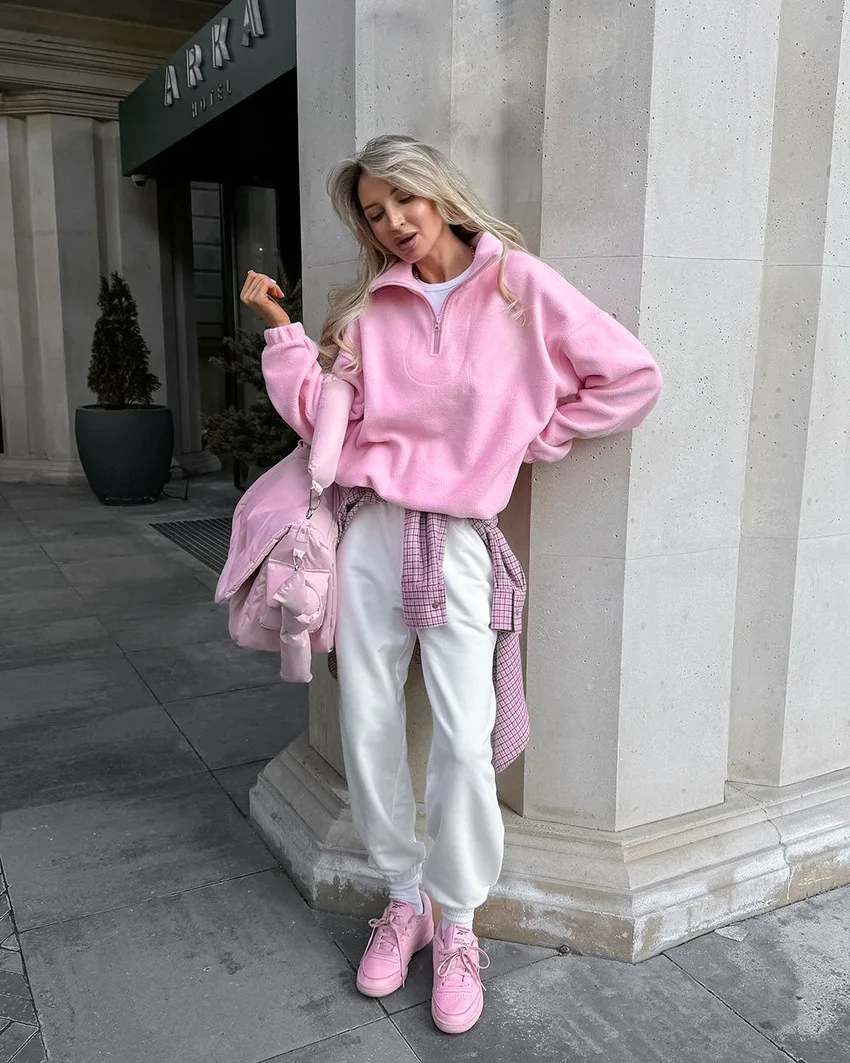 Casual Pink Fleece Sweatshirt Women Zipper Lapel Long Sleeve Loose Pullover Hoodie Autumn Winter Solid Warm Daily Commute Tops
