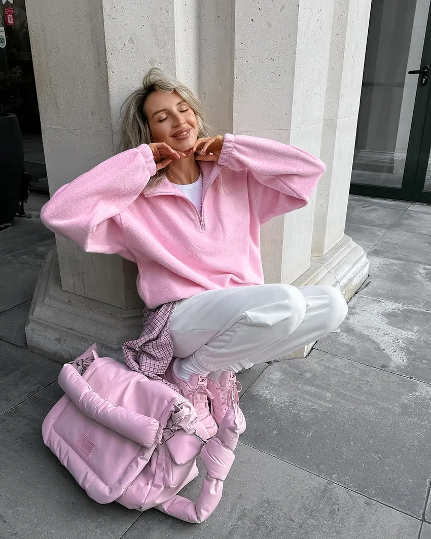 Casual Pink Fleece Sweatshirt Women Zipper Lapel Long Sleeve Loose Pullover Hoodie Autumn Winter Solid Warm Daily Commute Tops