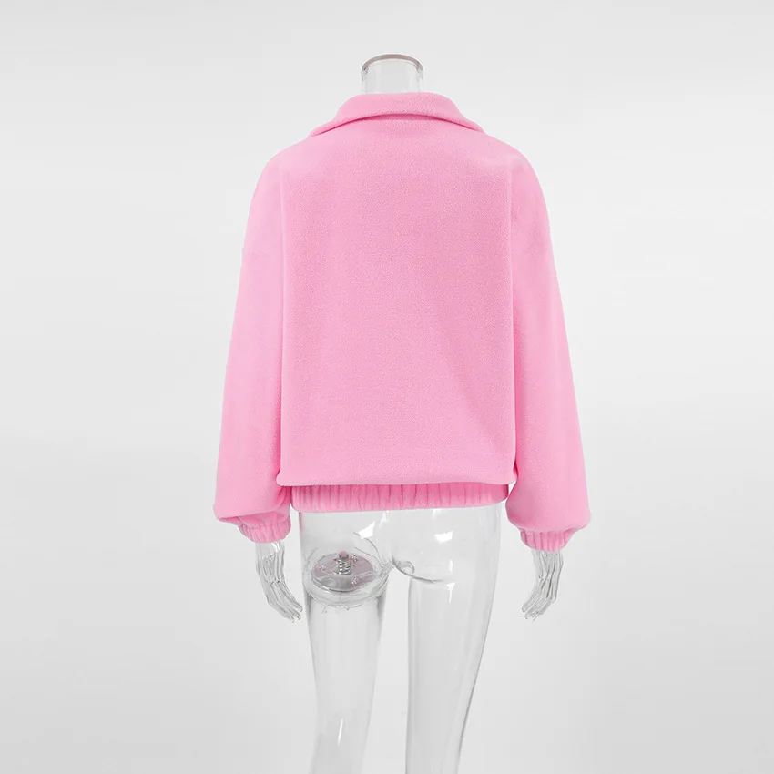 Casual Pink Fleece Sweatshirt Women Zipper Lapel Long Sleeve Loose Pullover Hoodie Autumn Winter Solid Warm Daily Commute Tops