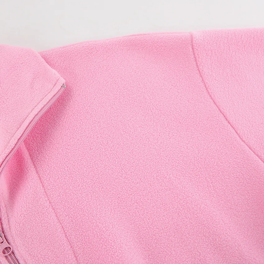 Casual Pink Fleece Sweatshirt Women Zipper Lapel Long Sleeve Loose Pullover Hoodie Autumn Winter Solid Warm Daily Commute Tops