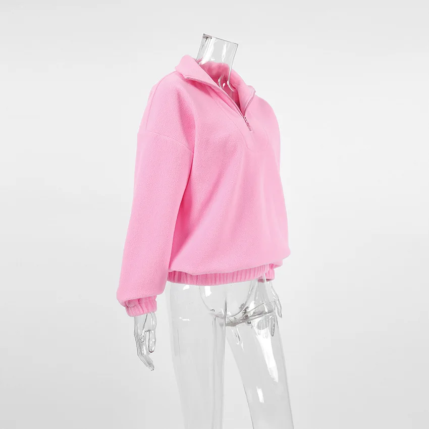 Casual Pink Fleece Sweatshirt Women Zipper Lapel Long Sleeve Loose Pullover Hoodie Autumn Winter Solid Warm Daily Commute Tops