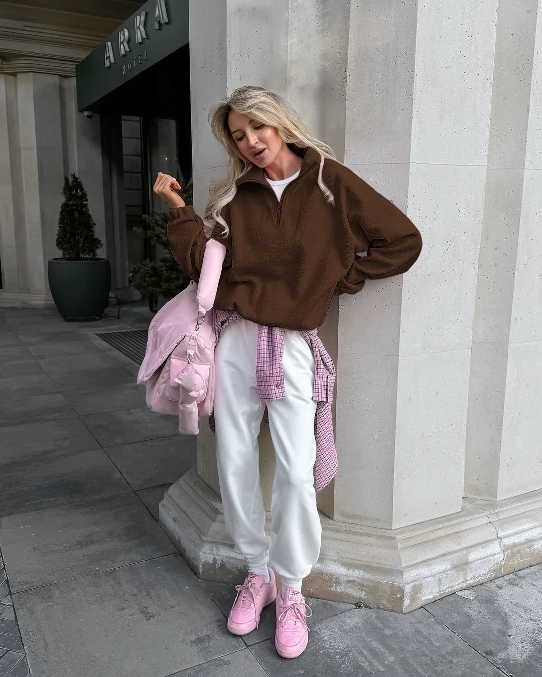 Casual Pink Fleece Sweatshirt Women Zipper Lapel Long Sleeve Loose Pullover Hoodie Autumn Winter Solid Warm Daily Commute Tops