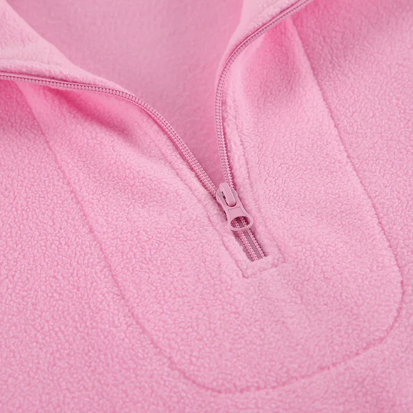 Casual Pink Fleece Sweatshirt Women Zipper Lapel Long Sleeve Loose Pullover Hoodie Autumn Winter Solid Warm Daily Commute Tops