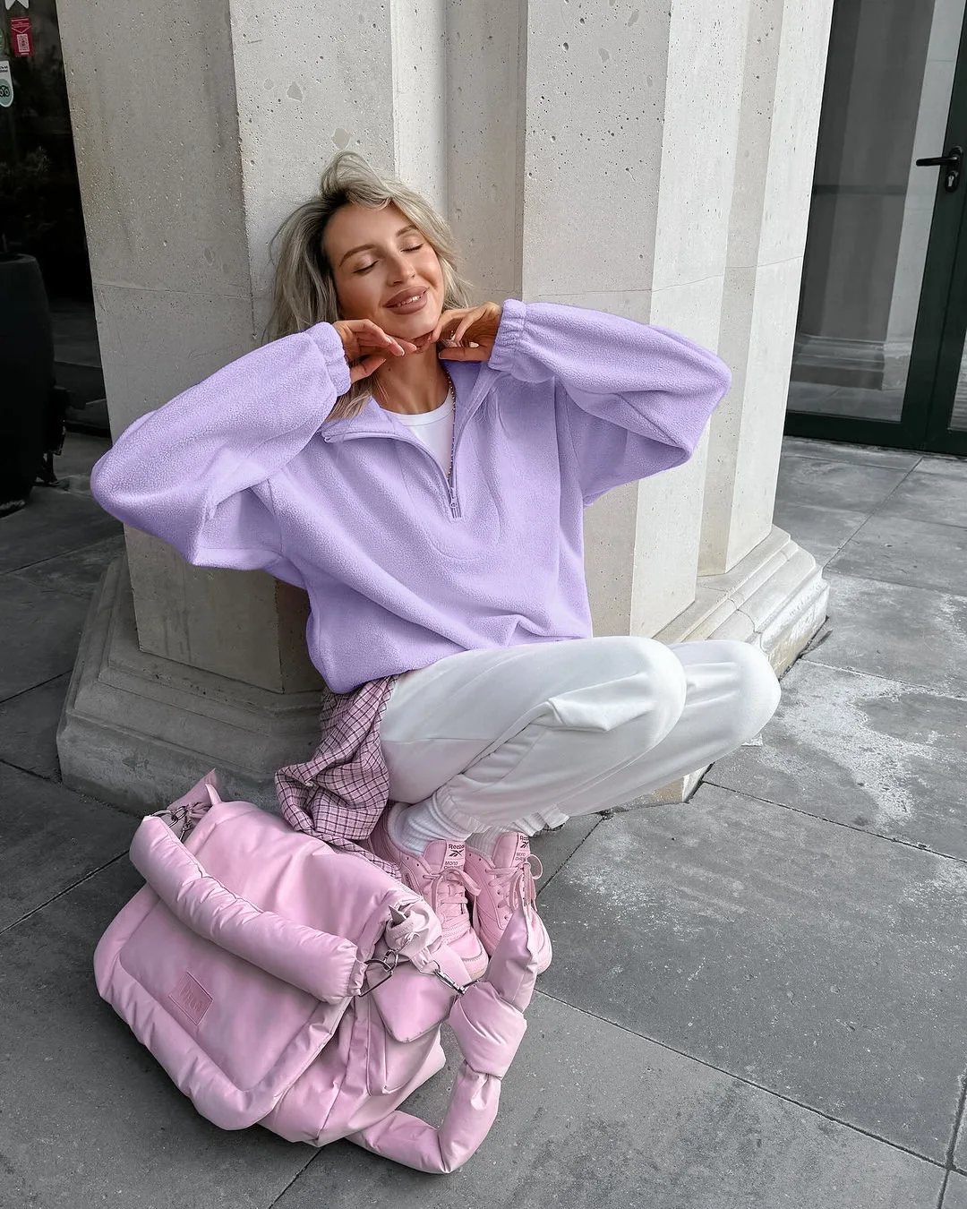 Casual Pink Fleece Sweatshirt Women Zipper Lapel Long Sleeve Loose Pullover Hoodie Autumn Winter Solid Warm Daily Commute Tops