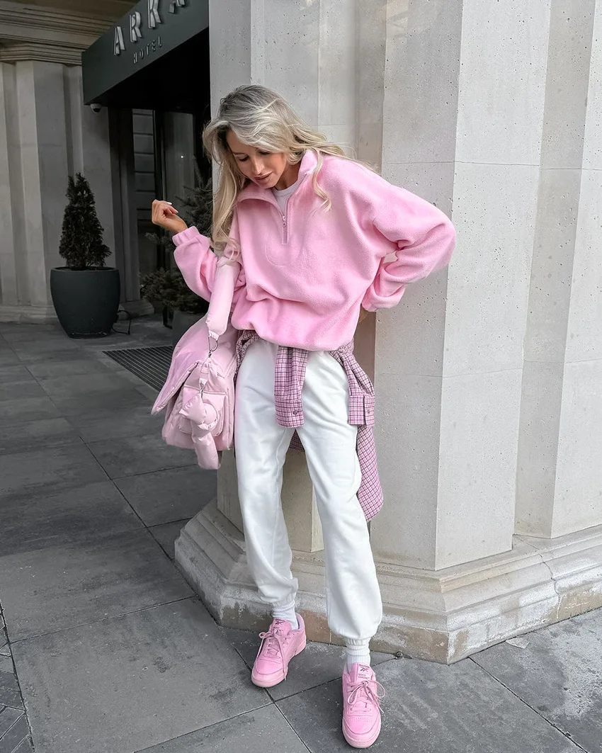 Casual Pink Fleece Sweatshirt Women Zipper Lapel Long Sleeve Loose Pullover Hoodie Autumn Winter Solid Warm Daily Commute Tops